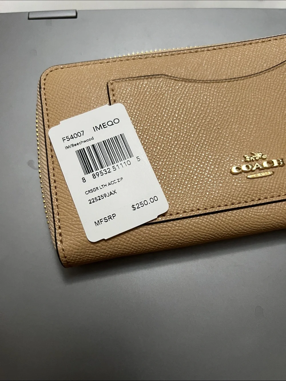 Coach Beige Leather Zip Wallet with Gold Hardware